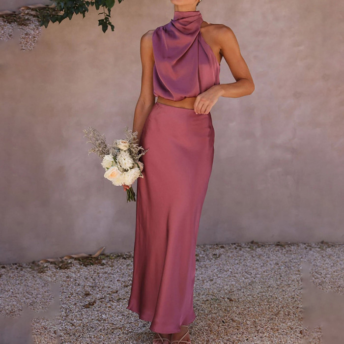 Women Elegant Satin Sleeveless Top+Skirt Two Pieces Set