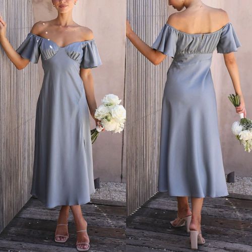 Women Satin Off Shoulder Short Sleeve Maxi Dress