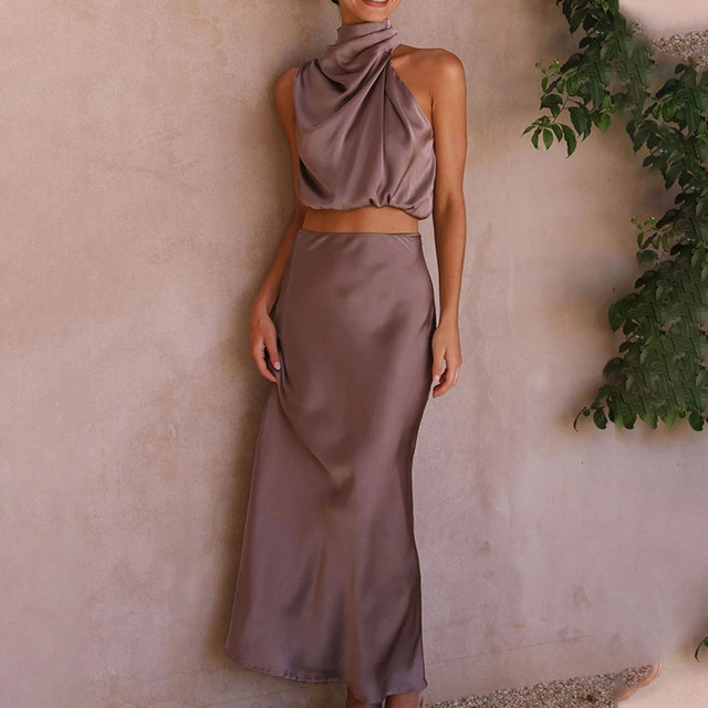Women Elegant Satin Sleeveless Top+Skirt Two Pieces Set