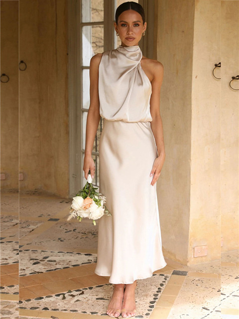 Women's Ruched Satin Solid Color Elegant Wedding Guest Dress
