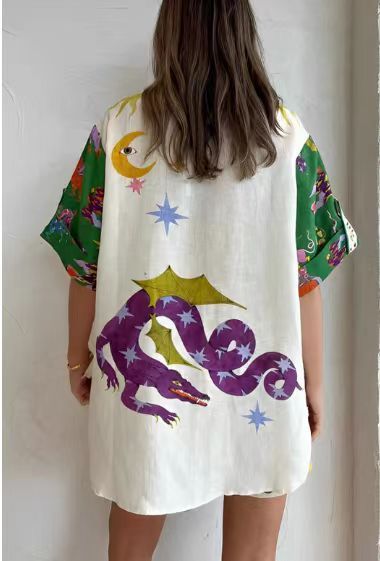 Women Home Pajamas Loose Shirts Elastic Waist Short Print Nightwear Two Piece Set