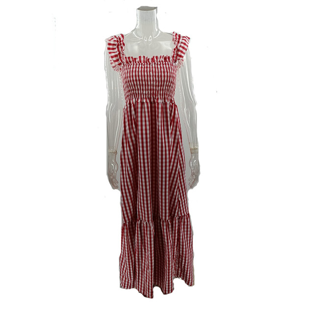 Women Plaid Print Casual Fashion A-line Maxi Dress