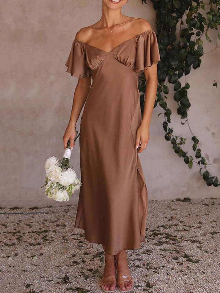 Women Satin Off Shoulder Short Sleeve Maxi Dress