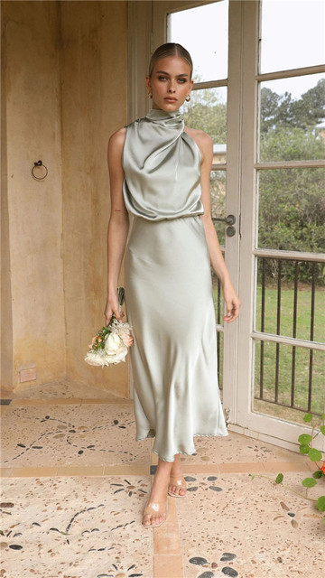 Women's Ruched Satin Solid Color Elegant Wedding Guest Dress