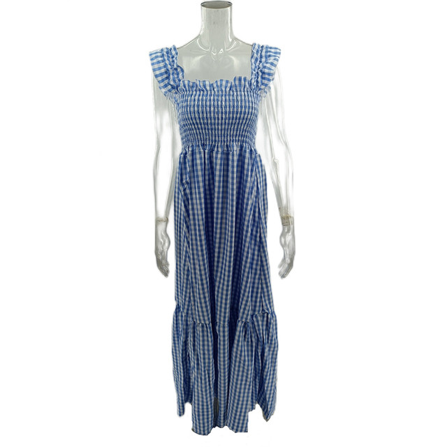 Women Plaid Print Casual Fashion A-line Maxi Dress