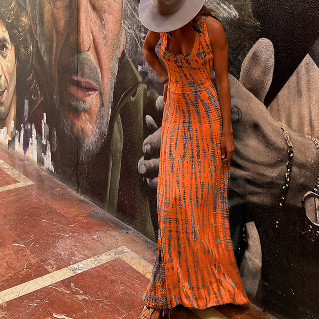 Sexy Fashion Sleeveless Print High Waist Elegant Beach Maxi Dress