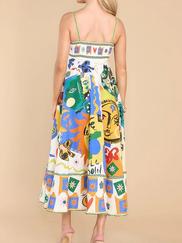 Women Fashion Loose Backless Vintage Print Sling Midi Dress