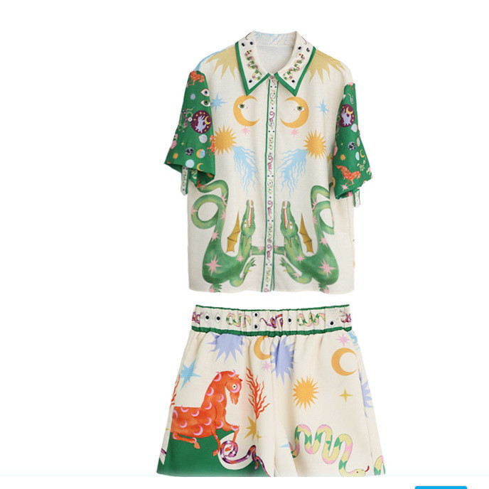Women Home Pajamas Loose Shirts Elastic Waist Short Print Nightwear Two Piece Set