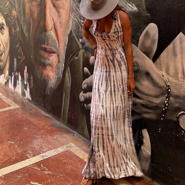 Sexy Fashion Sleeveless Print High Waist Elegant Beach Maxi Dress