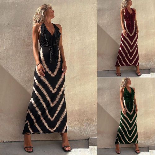 Women Sexy V Neck Sleeveless Slim Fashion Print Maxi Dress