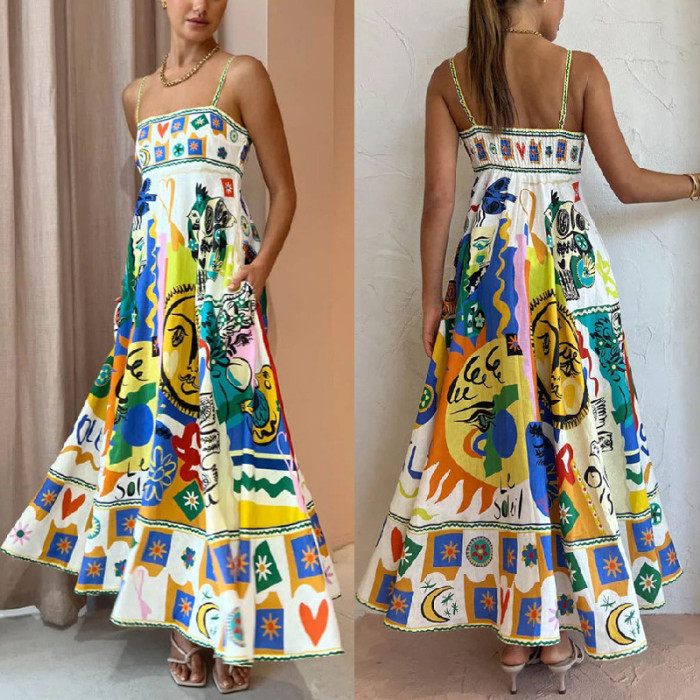 Women Fashion Loose Backless Vintage Print Sling Midi Dress