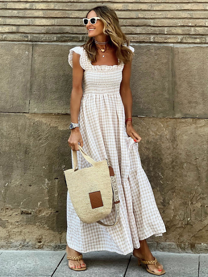 Women Plaid Print Casual Fashion A-line Maxi Dress