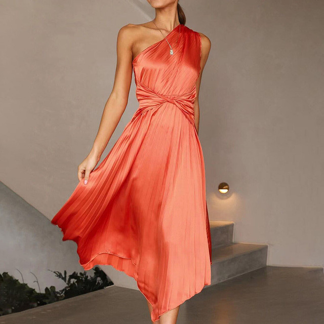 Women One Shoulder Irregular Pleated Satin Wedding Guest Dress
