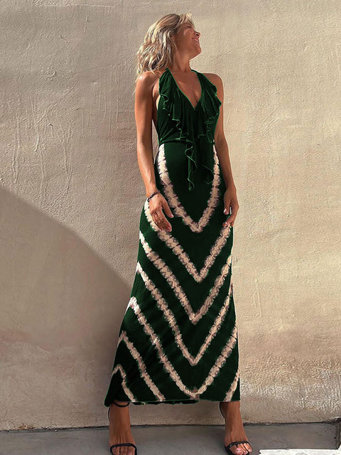 Women Sexy V Neck Sleeveless Slim Fashion Print Maxi Dress