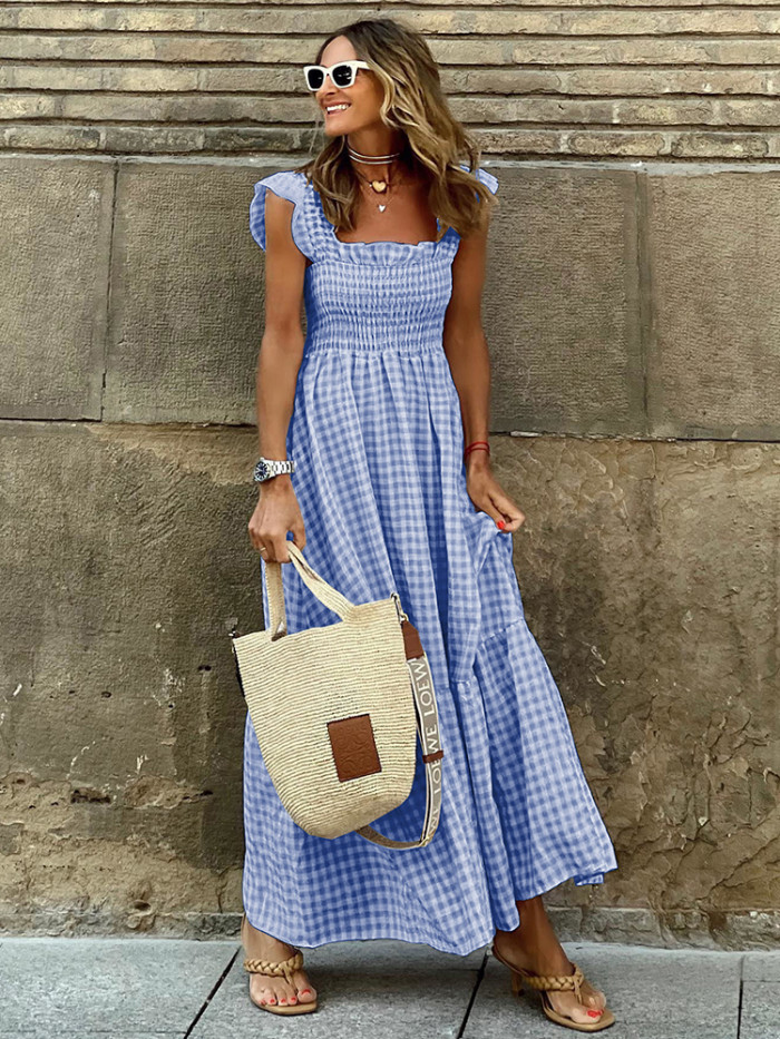 Women Plaid Print Casual Fashion A-line Maxi Dress