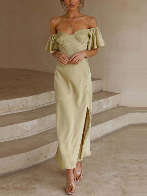 Women Satin Off Shoulder Short Sleeve Maxi Dress