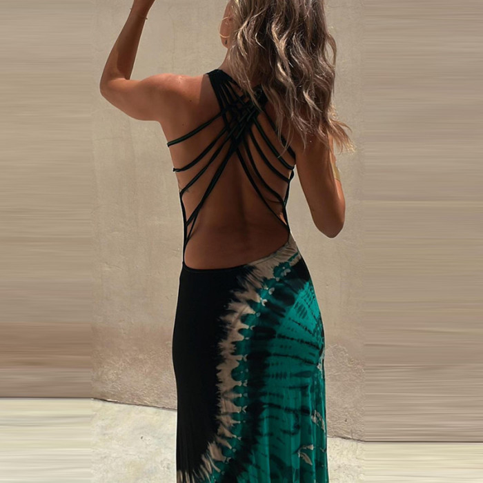 Sexy Fashion Sleeveless Print High Waist Elegant Beach Maxi Dress