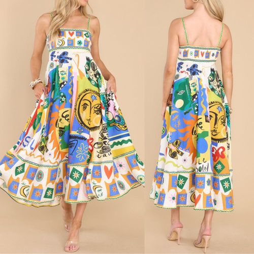 Women Fashion Loose Backless Vintage Print Sling Midi Dress