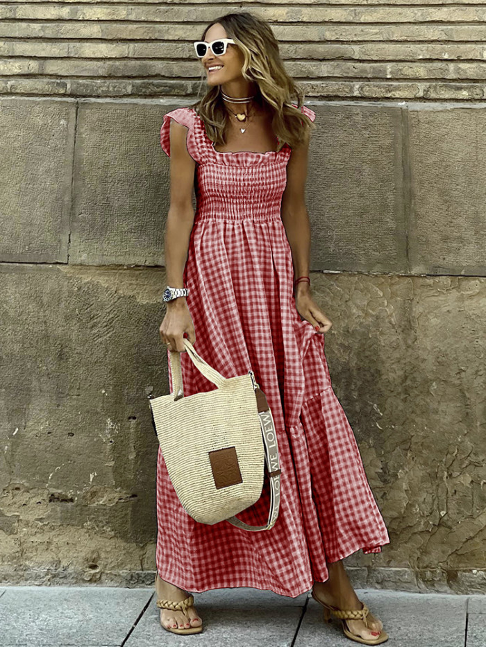 Women Plaid Print Casual Fashion A-line Maxi Dress