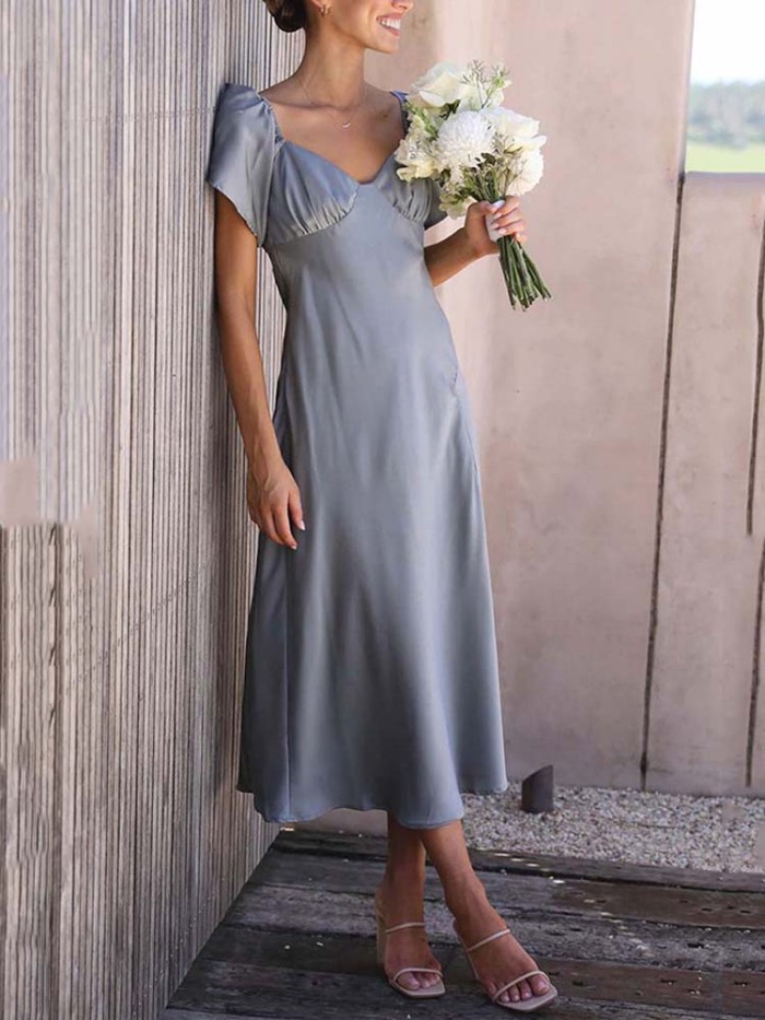 Women Satin Off Shoulder Short Sleeve Maxi Dress