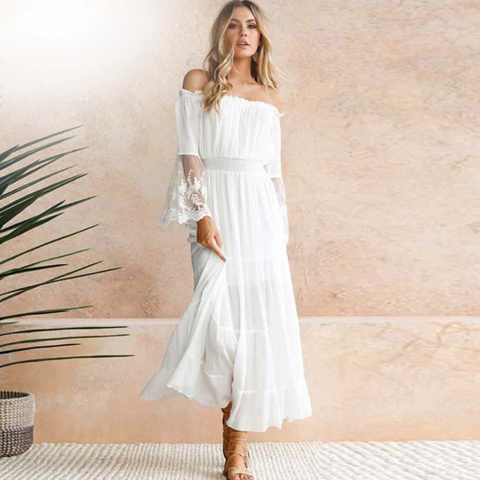 Women White Beach Dress Sexy Off Shoulder Lace Chiffon Maxi Dress