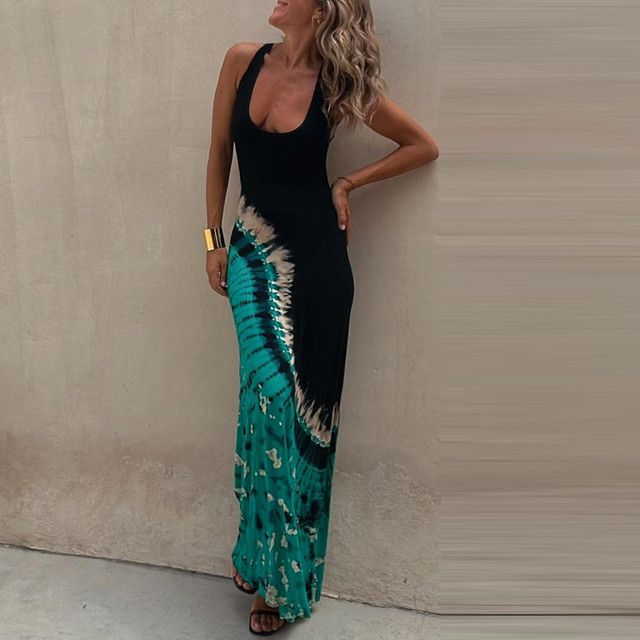 Sexy Fashion Sleeveless Print High Waist Elegant Beach Maxi Dress
