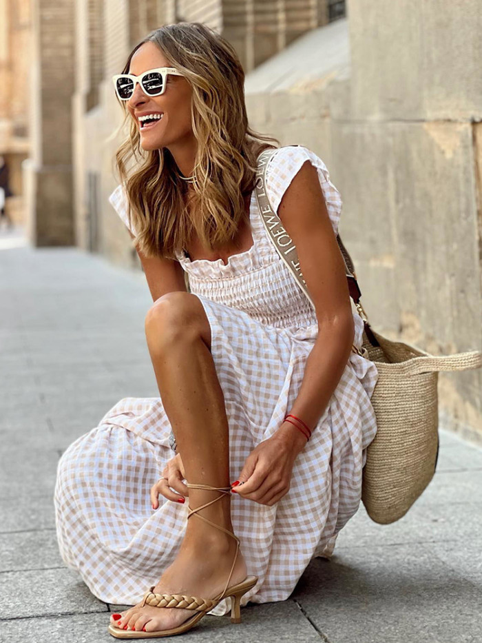Women Plaid Print Casual Fashion A-line Maxi Dress