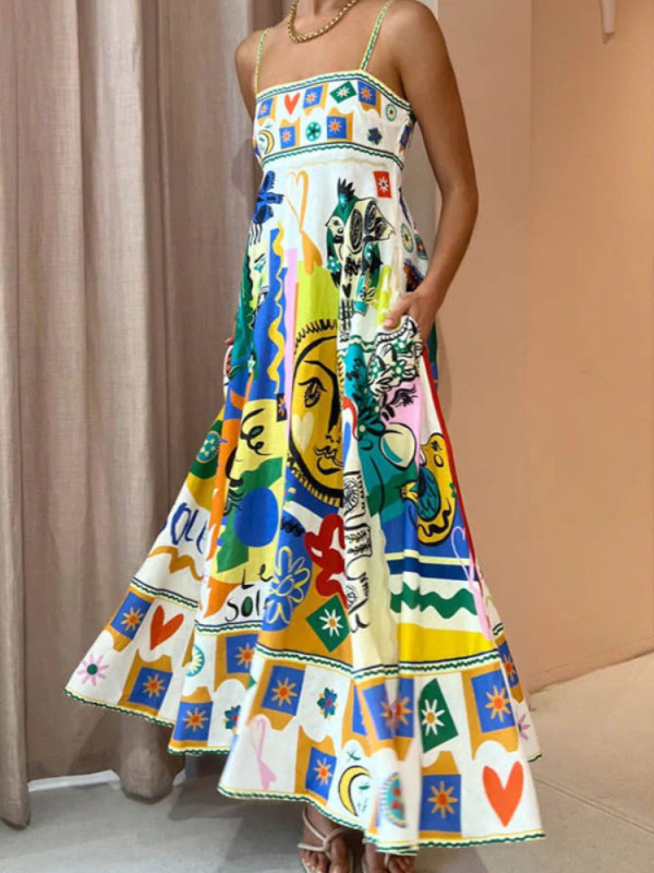 Women Fashion Loose Backless Vintage Print Sling Midi Dress