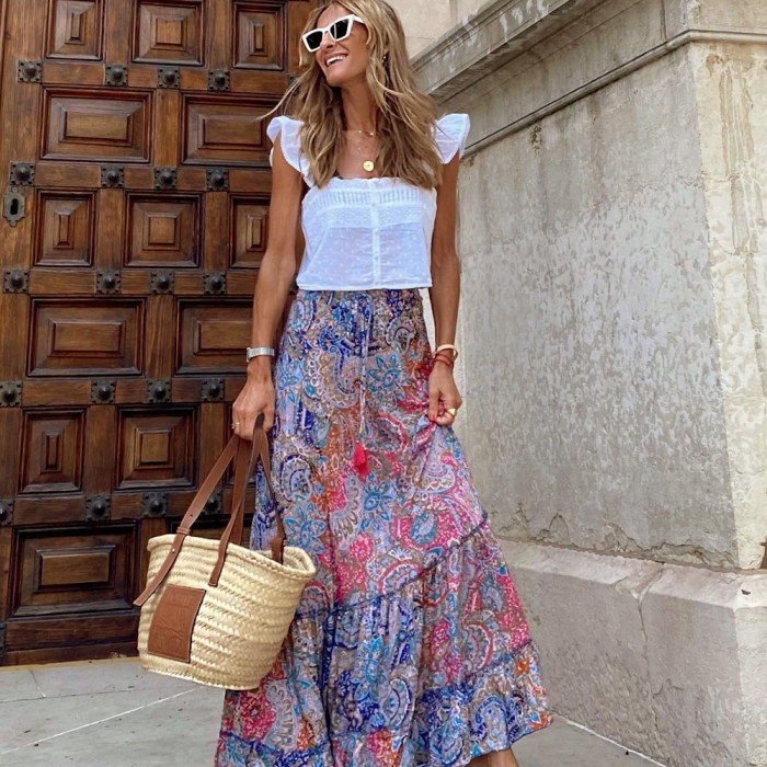 Women Bohemian Floral Print A-line Casual High Waist Skirt