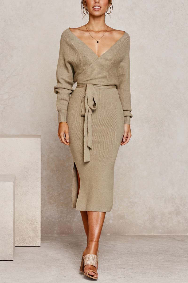 V-Neck Hollow Out Sleeve Sweater Dress