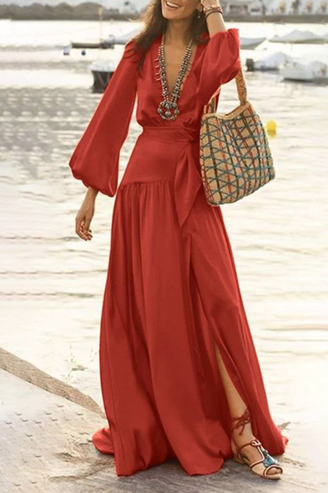 Casual Solid Patchwork V Neck Waist Skirt Dresses