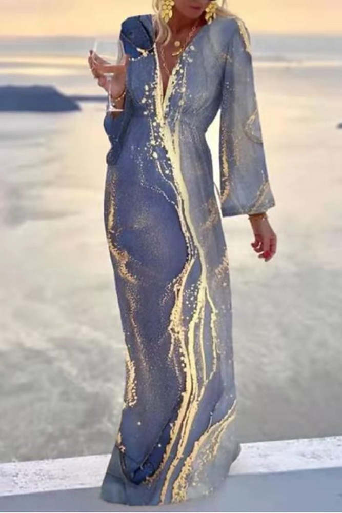 Casual Print Patchwork V Neck Printed Dress Dresses(3 Colors)