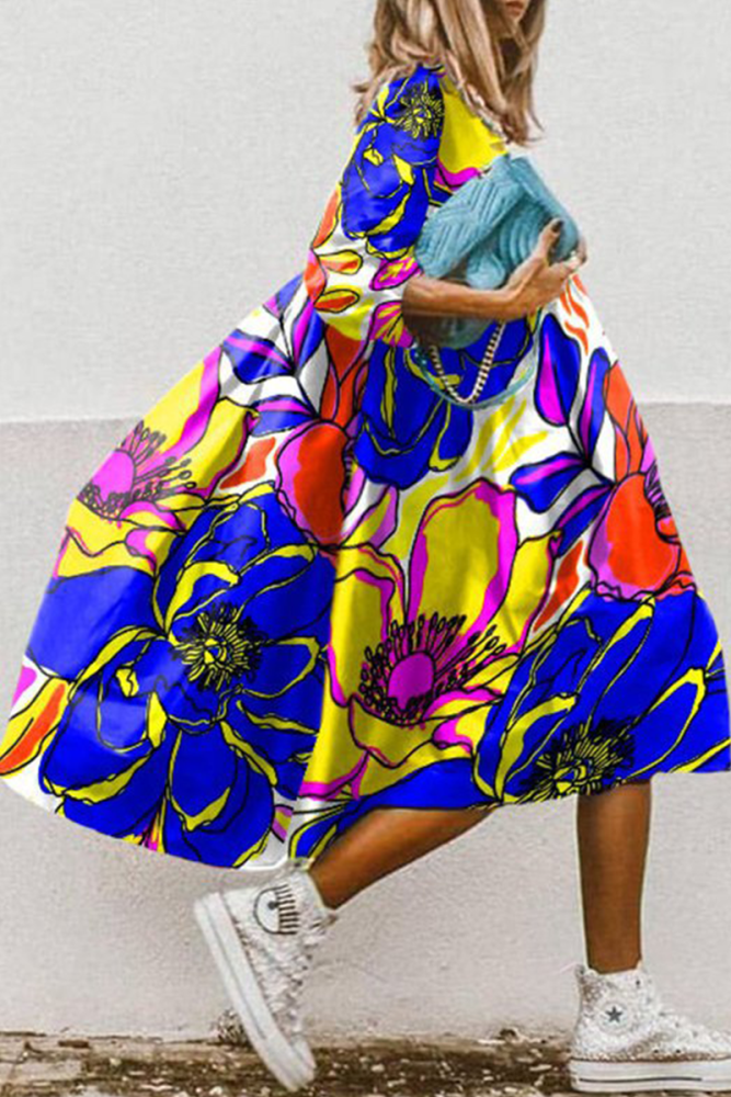 Casual Print Patchwork Turndown Collar Cake Skirt Dresses(11 Colors)