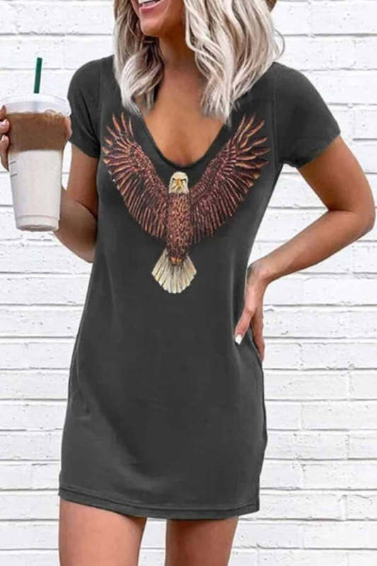 Loose V-Neck Eagle Print Short Sleeves Mini Dress