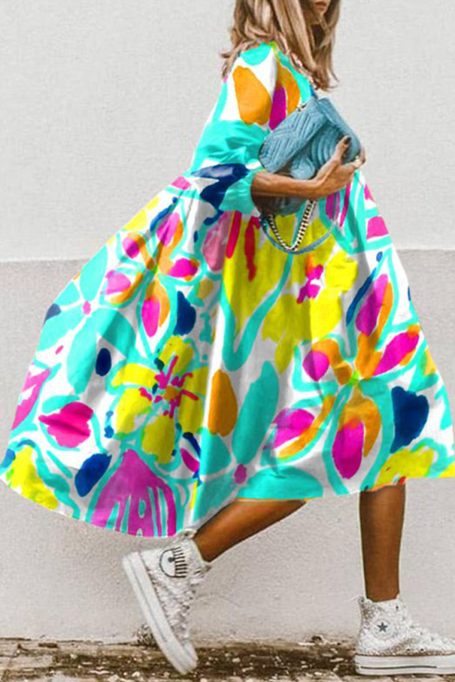 Casual Striped Patchwork Turndown Collar Cake Skirt Dresses