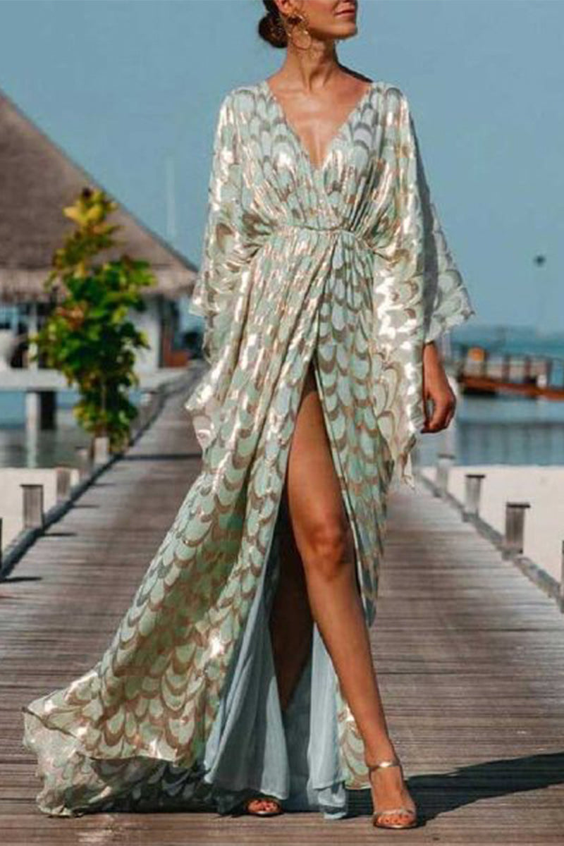 Elegant Print Printing V Neck Long Sleeve Two Pieces