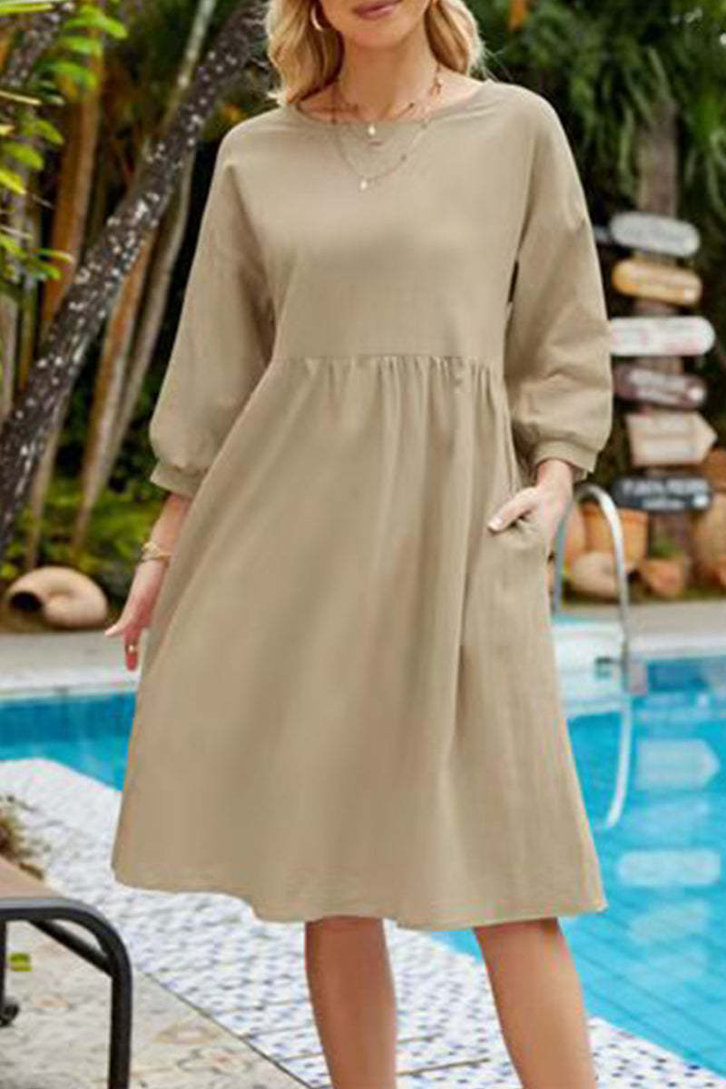 Women Summer Casual Pure Color O Neck Dress