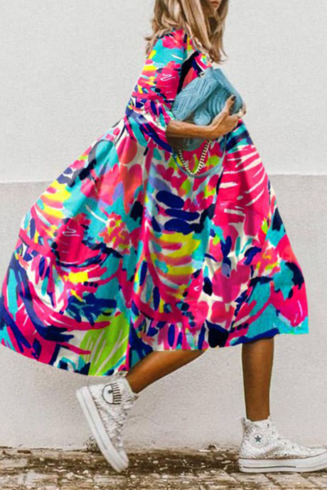 Casual Print Patchwork Turndown Collar Cake Skirt Dresses(11 Colors)