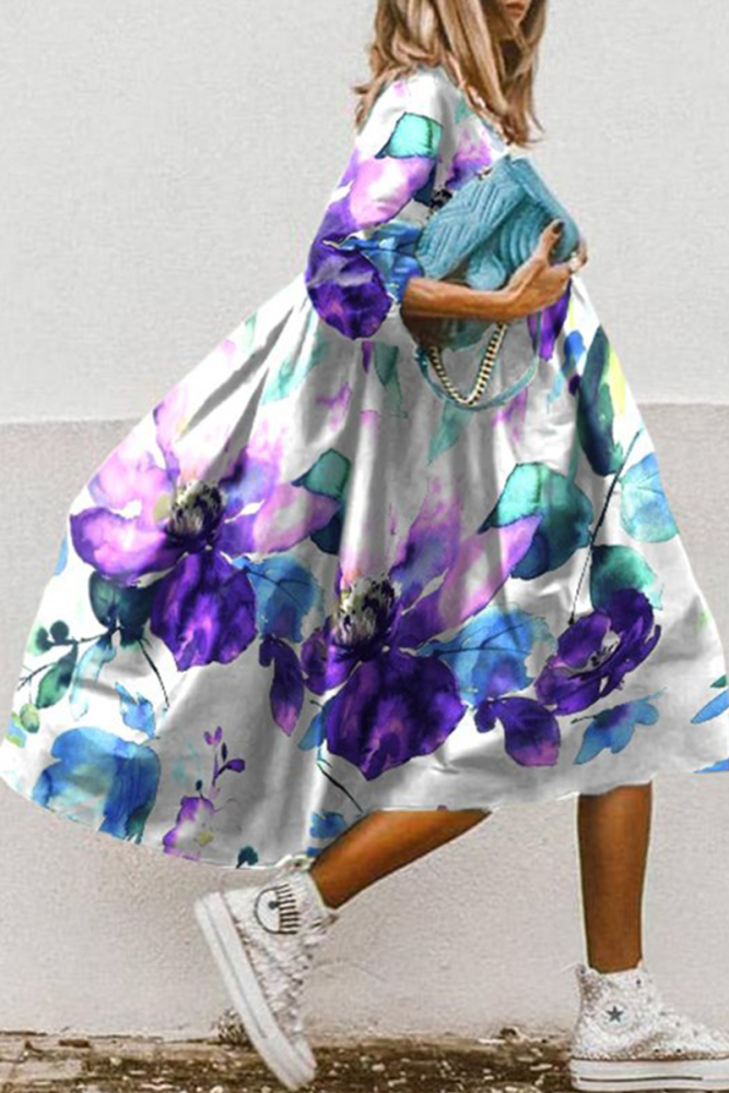 Casual Print Patchwork Turndown Collar Cake Skirt Dresses(11 Colors)