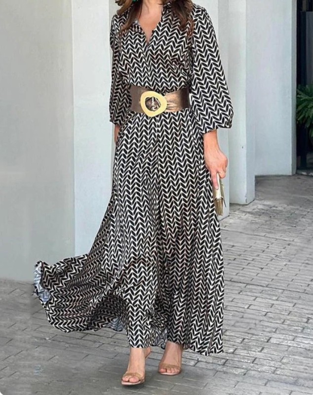 Street Geometric Printing Turndown Collar Print Maxi Dress