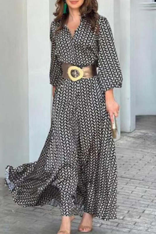 Street Geometric Printing Turndown Collar Print Maxi Dress