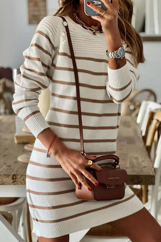 Casual Striped Patchwork O Neck A Line Sweater Dress