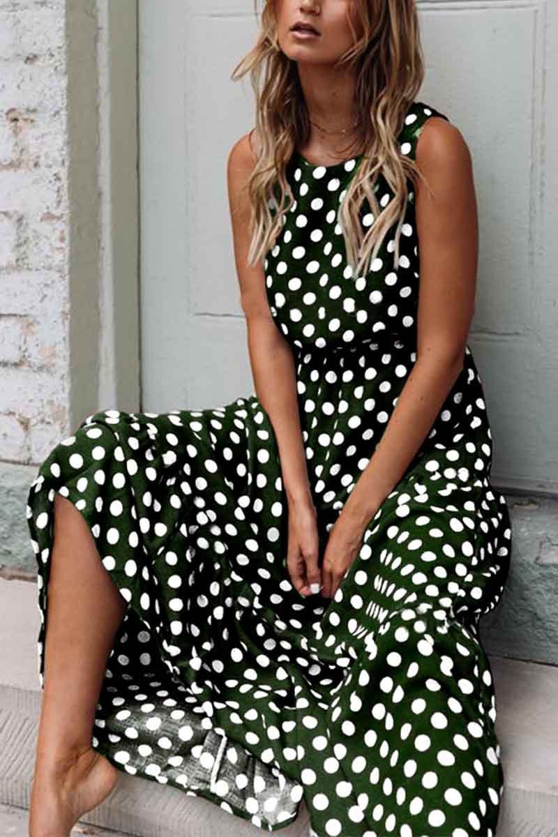 Elegant Polka Dot Print Slightly Sheer Open Back Maxi Dress