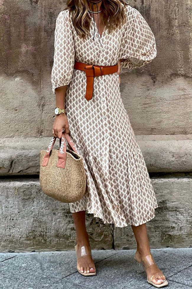A-line V-neck Sleeveless Pleated Tiered Bohemian Dresses Flamingo main image 0
