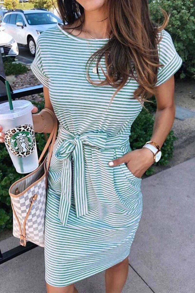 Striped Knot Design Grey Midi Dress(5 Colors)