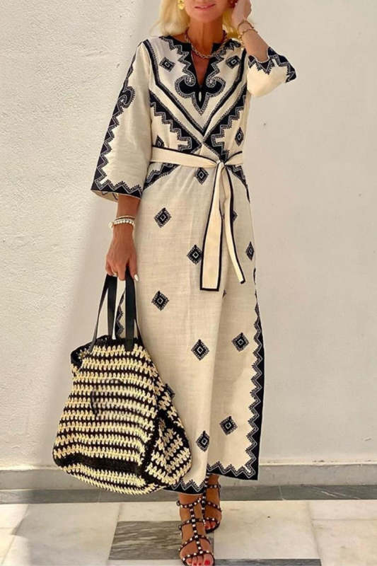 Bohemian Elegant Geometric Print With Belt V Neck A Line Dresses