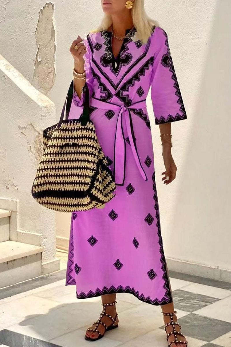 Elegant dress with contrasting geometric print and lapel main image 1