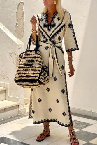 Bohemian Elegant Geometric Print With Belt V Neck A Line Dresses