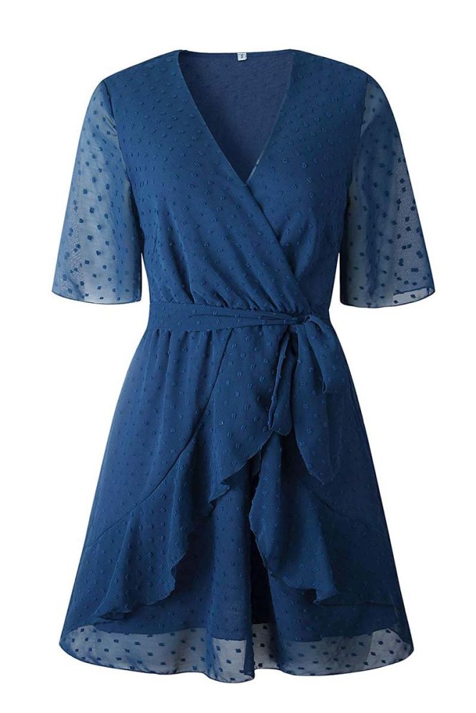 Swiss Dot V-Neck Dress With Belt(3 Colors)