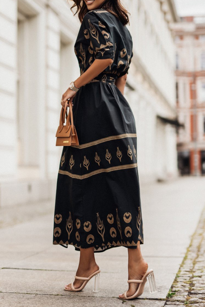 Casual Print Patchwork O Neck Shirt Dress